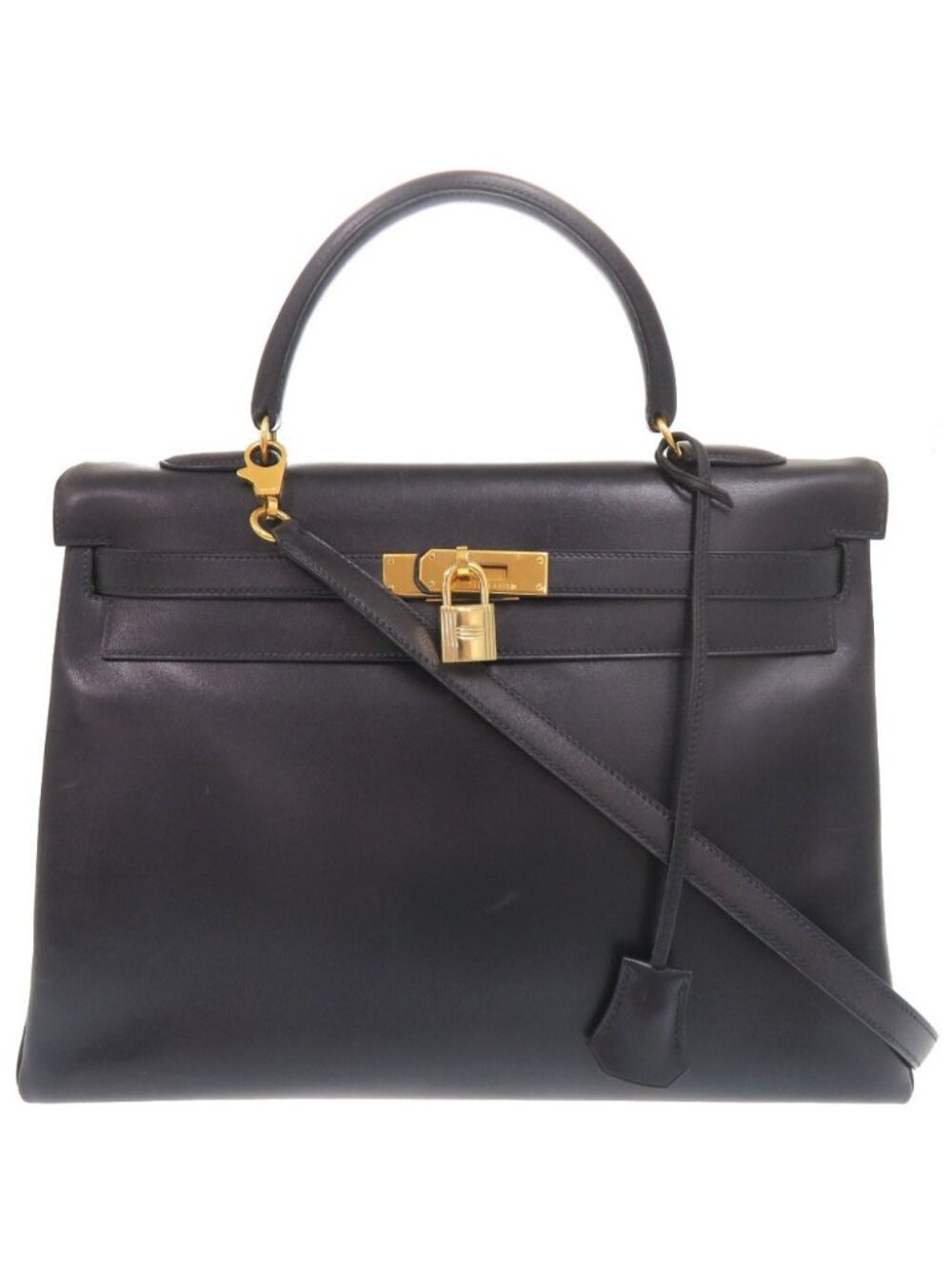 Hermes Kelly 35 Retourne Box Calf Navy Gold Handbag